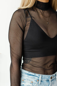 mode, mesh mock neck top