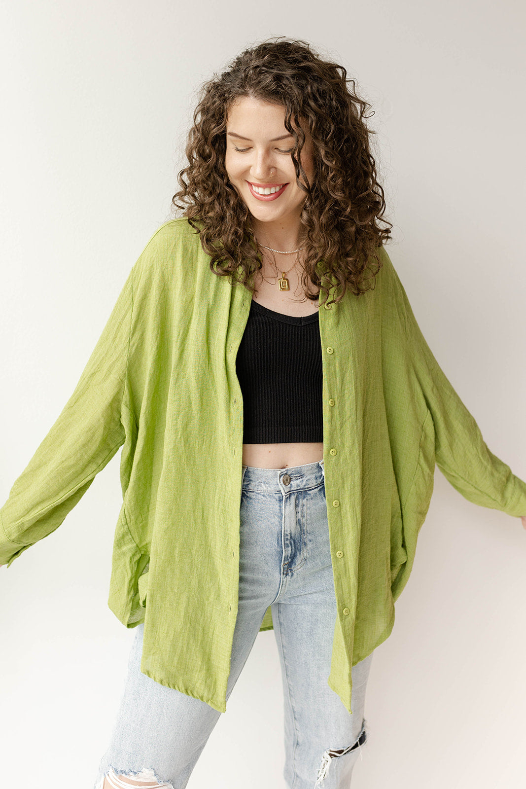 mode, see through button down shirt