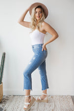 mode, high rise uneven hem crop flare