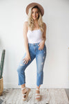 mode, high rise uneven hem crop flare