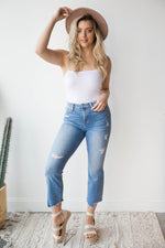 mode, high rise uneven hem crop flare