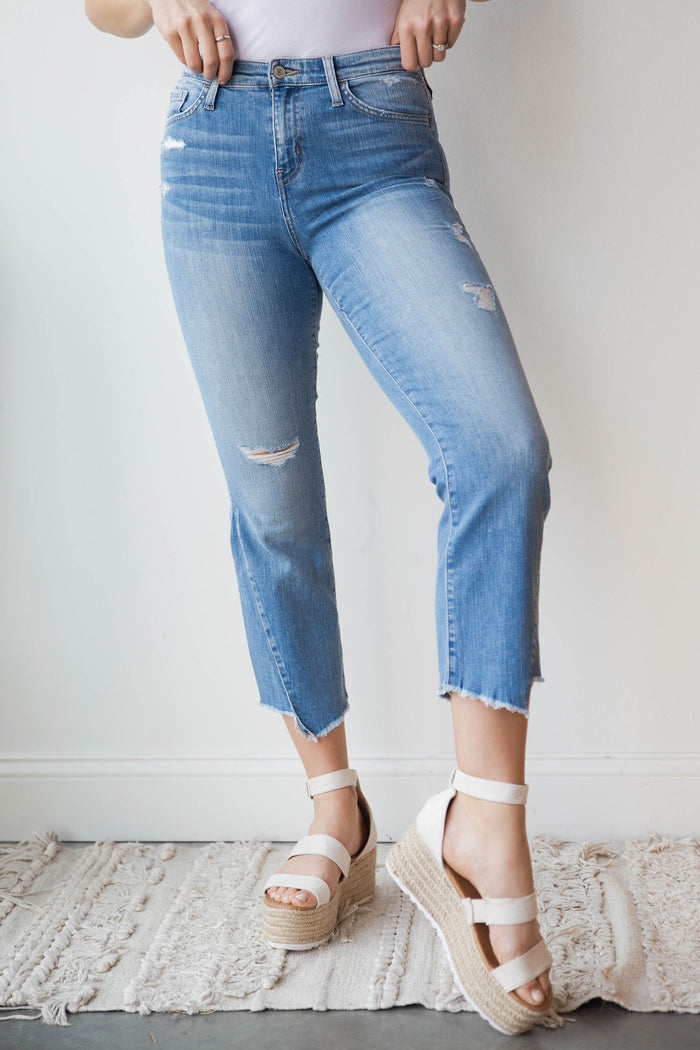 mode, high rise uneven hem crop flare