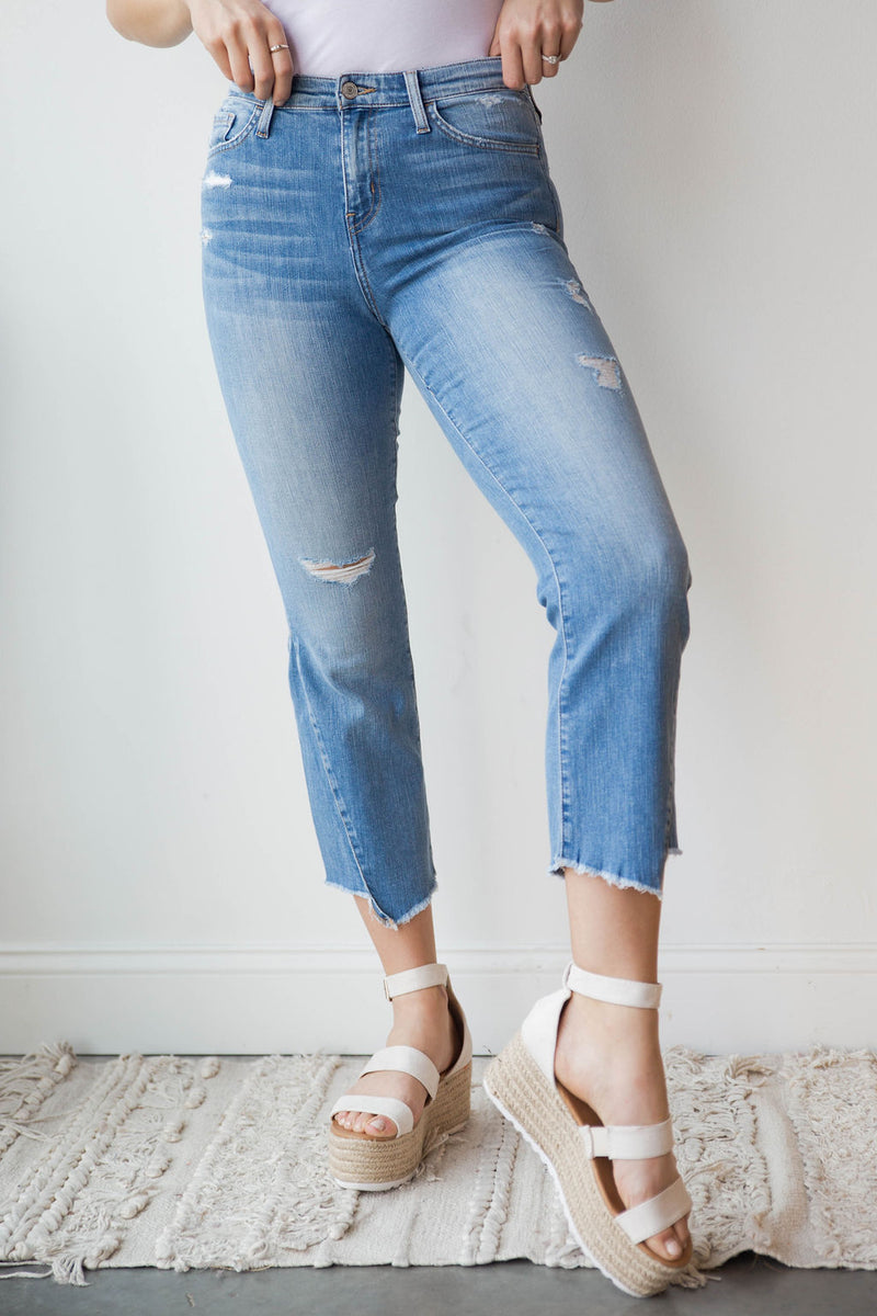 mode, high rise uneven hem crop flare