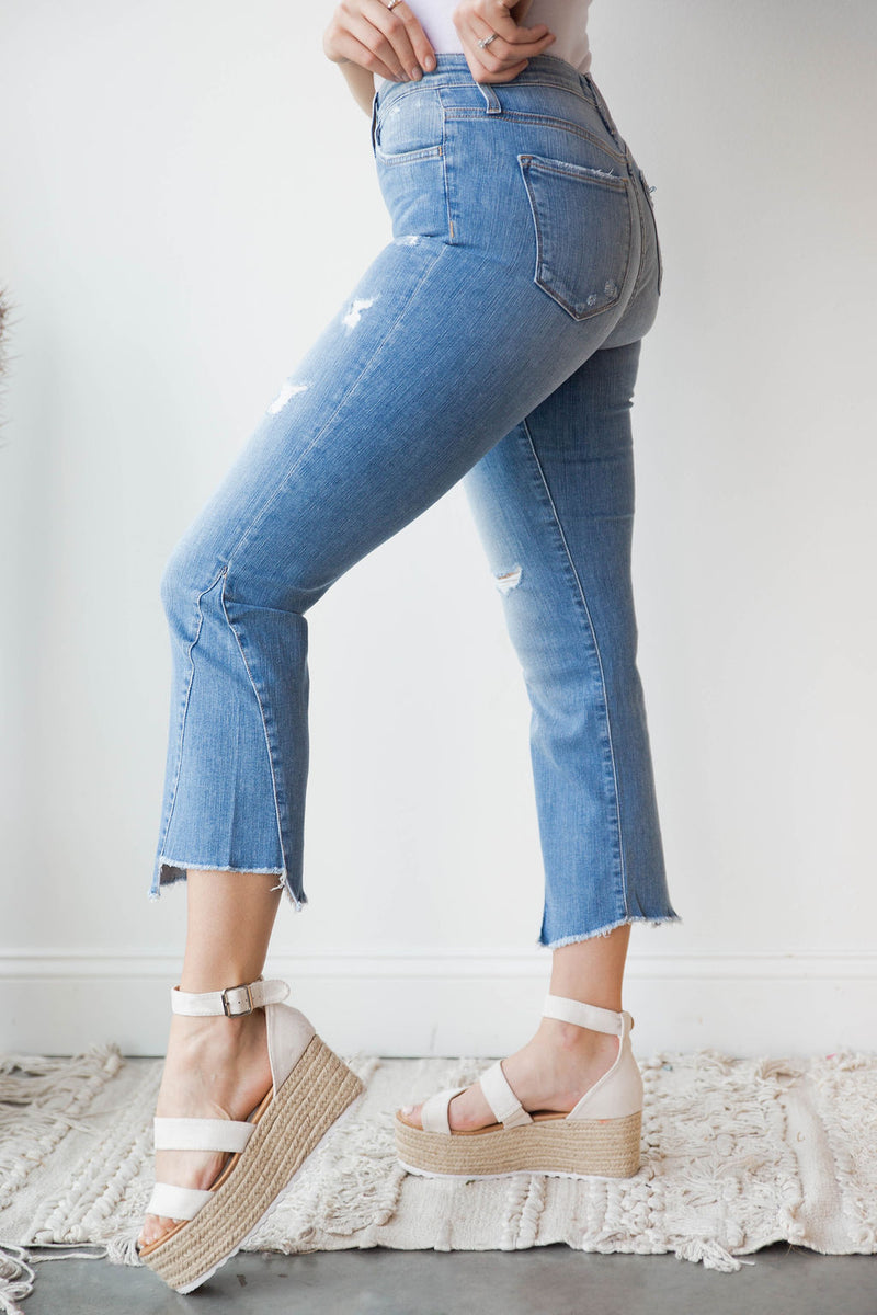 mode, high rise uneven hem crop flare