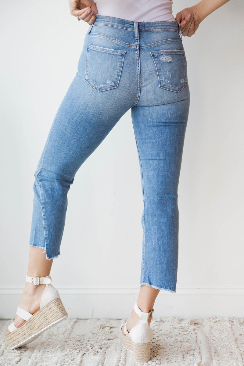 mode, high rise uneven hem crop flare