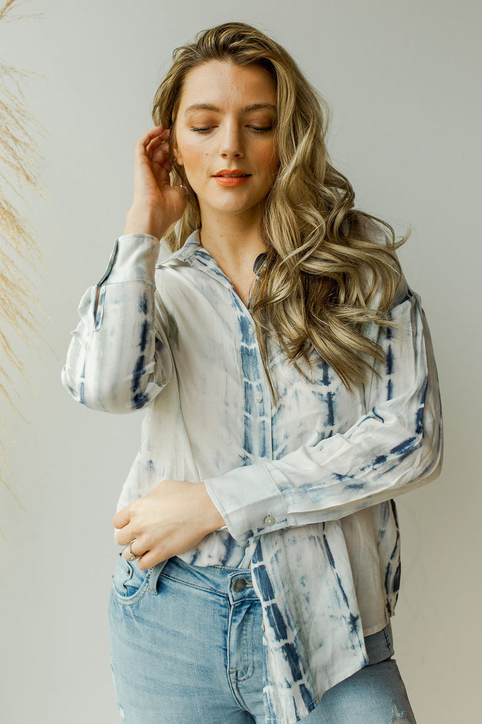 mode, tie dye print button down shirt