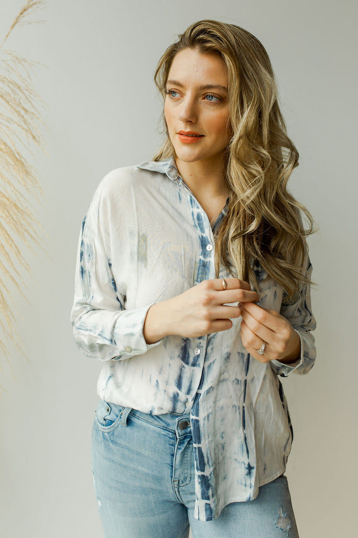 mode, tie dye print button down shirt