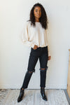 mode, give it up knit cinched pullover top