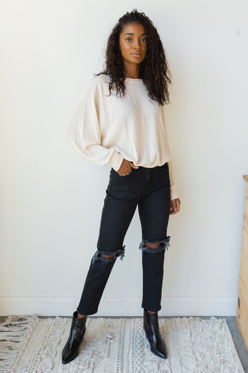mode, give it up knit cinched pullover top