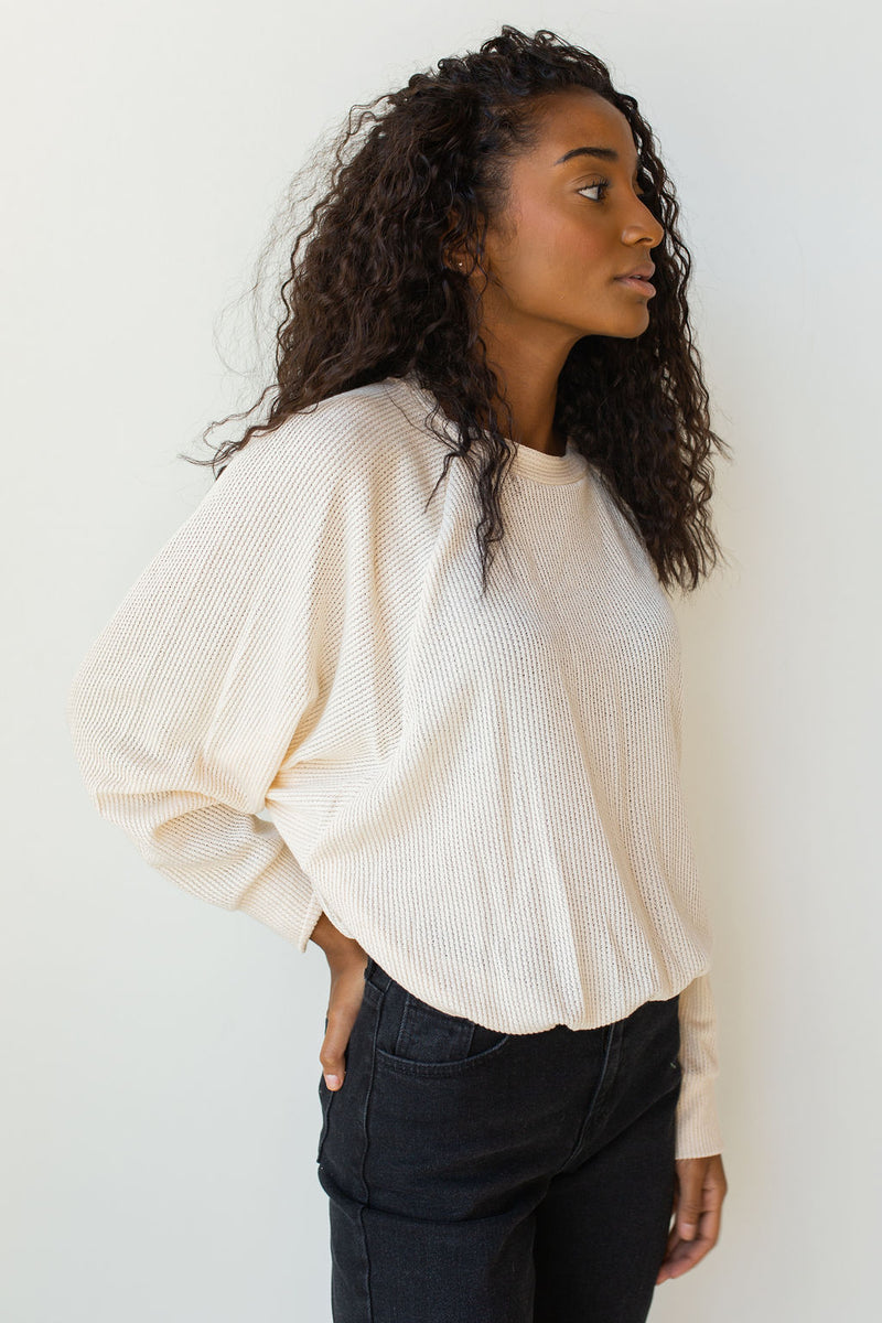 mode, give it up knit cinched pullover top