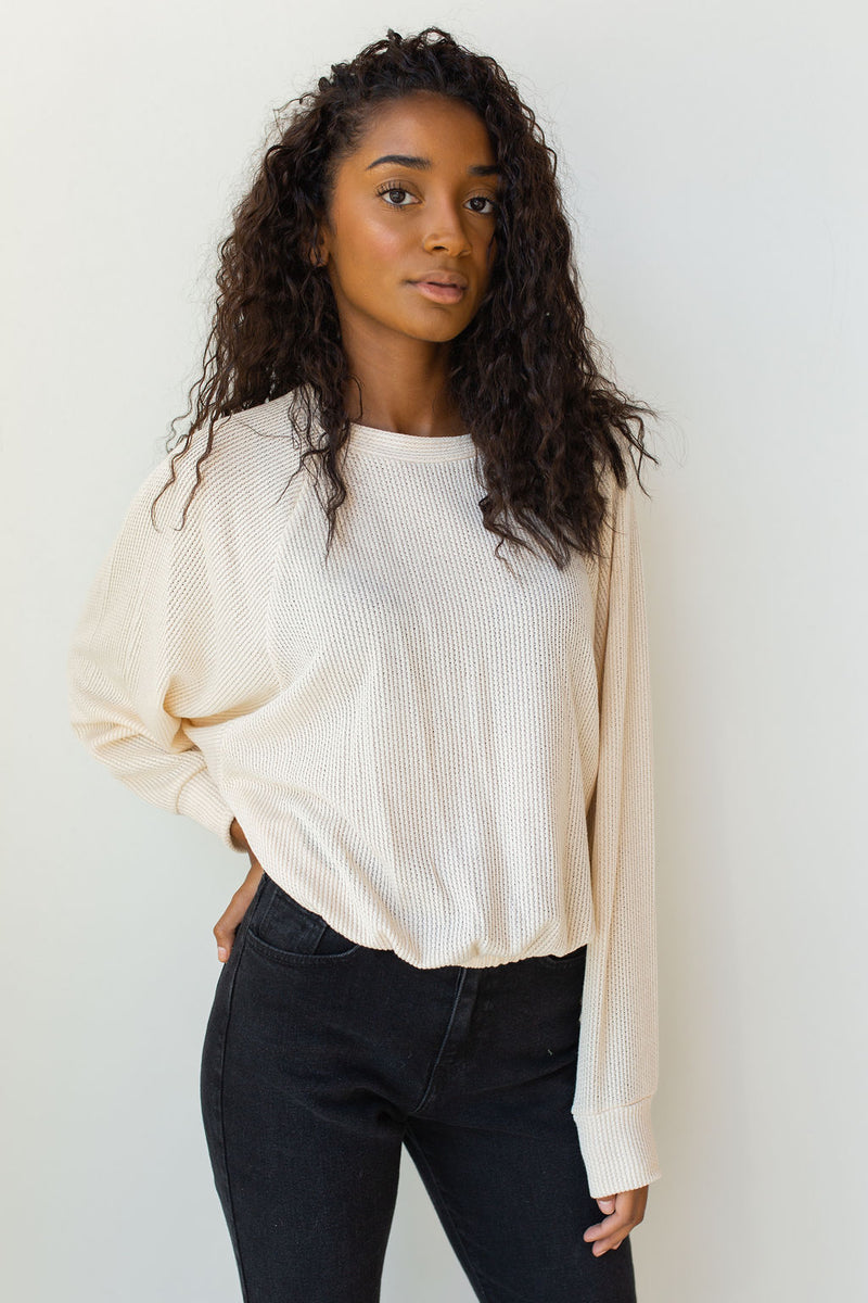 mode, give it up knit cinched pullover top