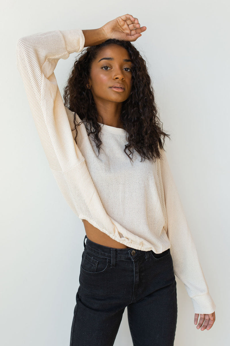 mode, give it up knit cinched pullover top