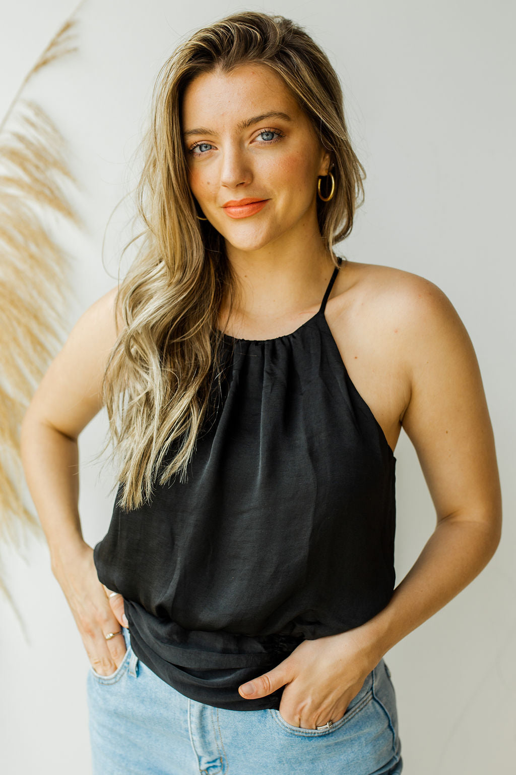 mode, satin high neck rouched tank