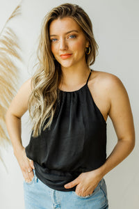 mode, satin high neck rouched tank