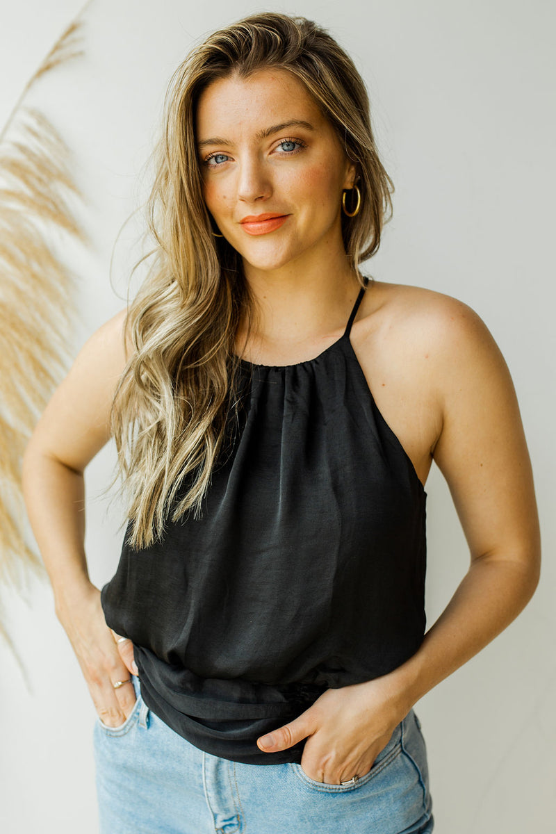 mode, satin high neck rouched tank