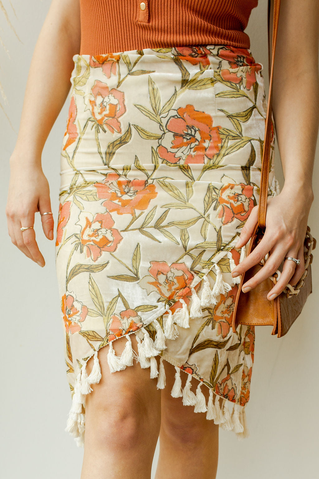 mode, tassel trim burnout velvet skirt