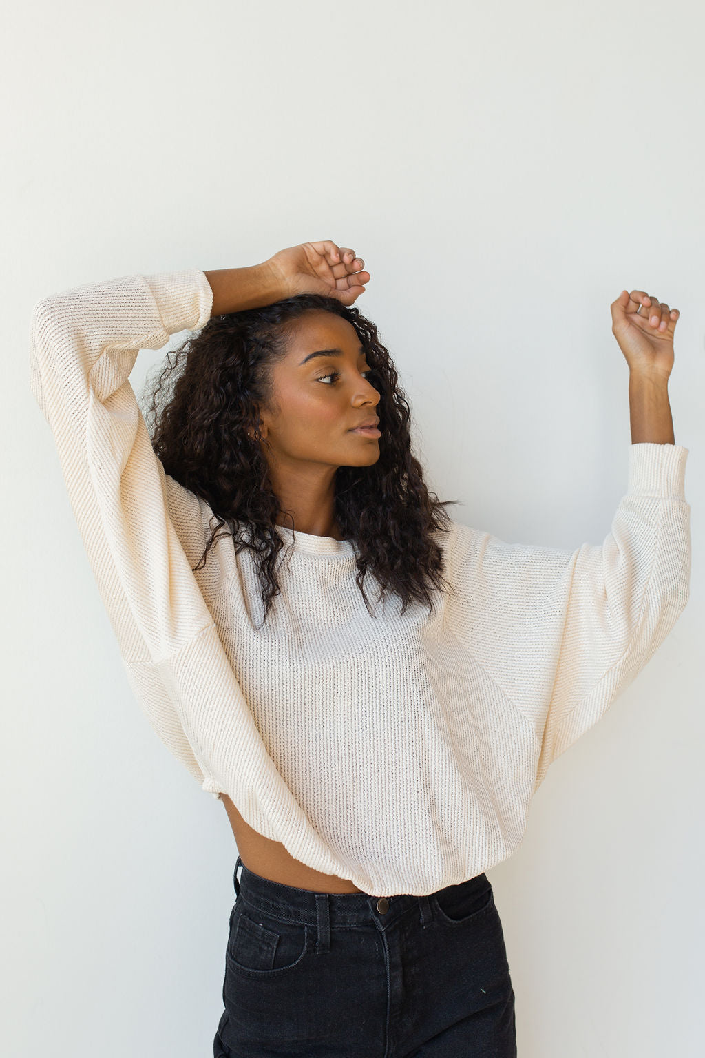 mode, give it up knit cinched pullover top