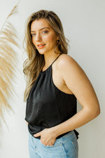 mode, satin high neck rouched tank