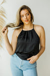 mode, satin high neck rouched tank