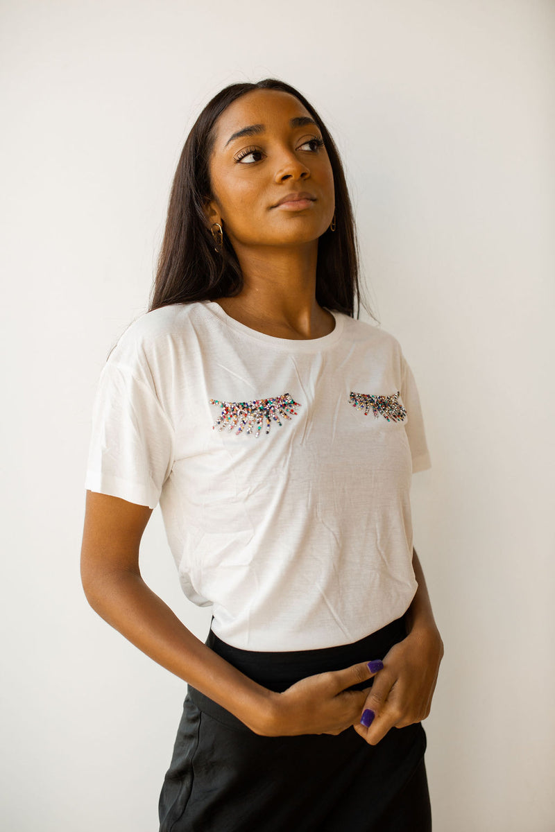 mode, colorful eyelash tee