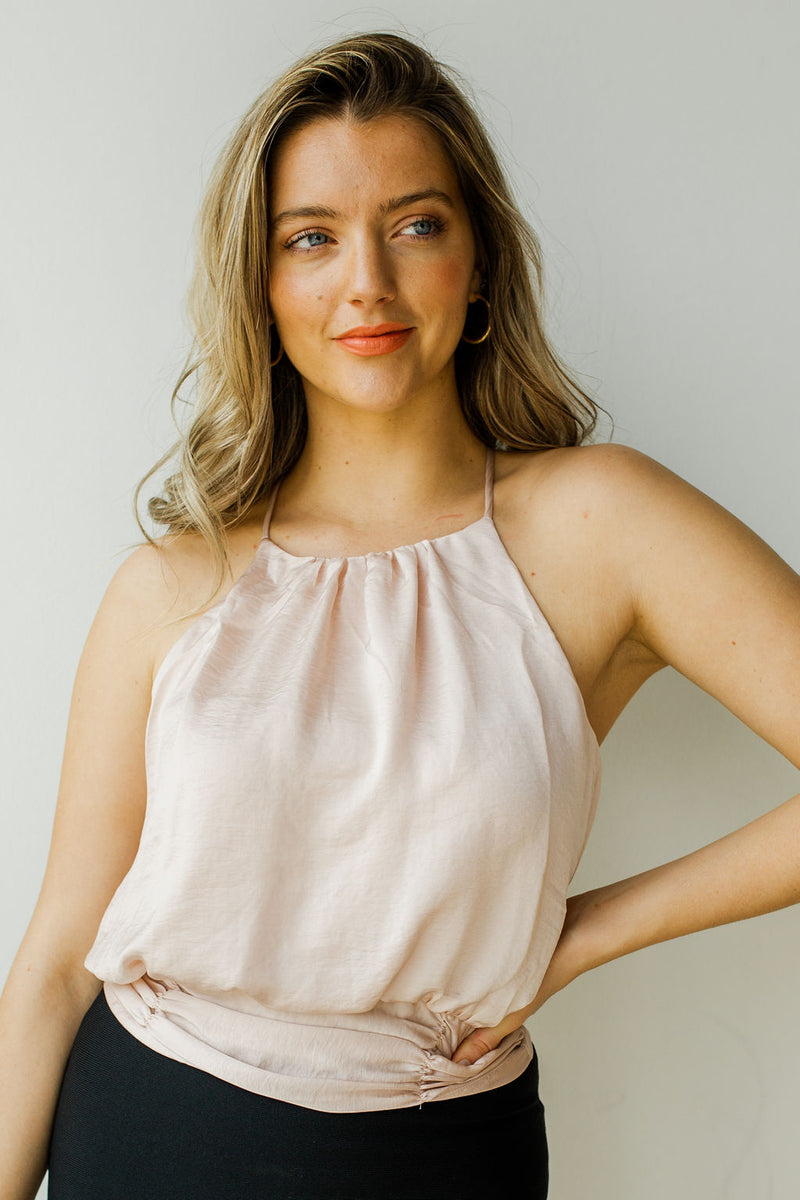 mode, satin high neck rouched tank