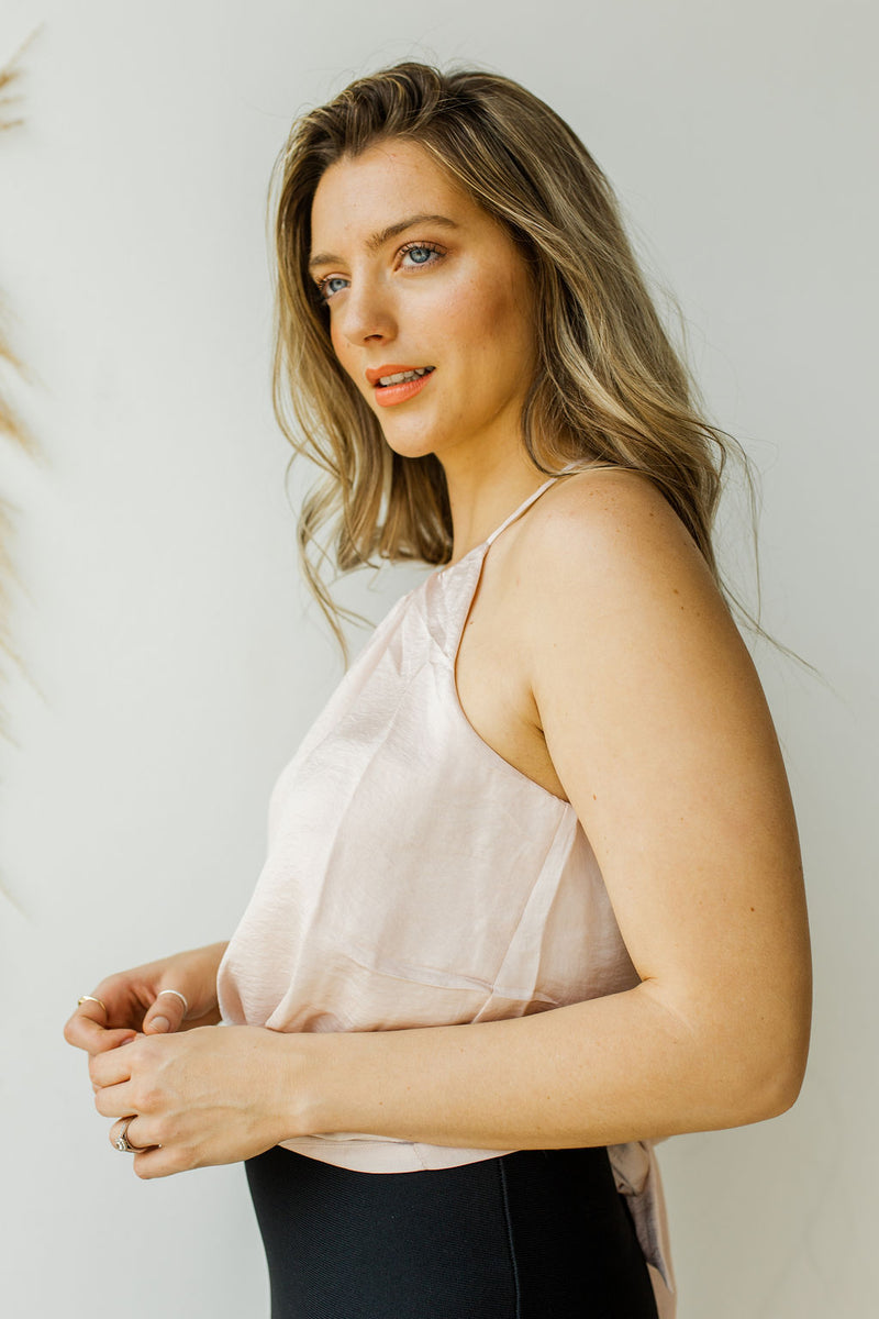 mode, satin high neck rouched tank