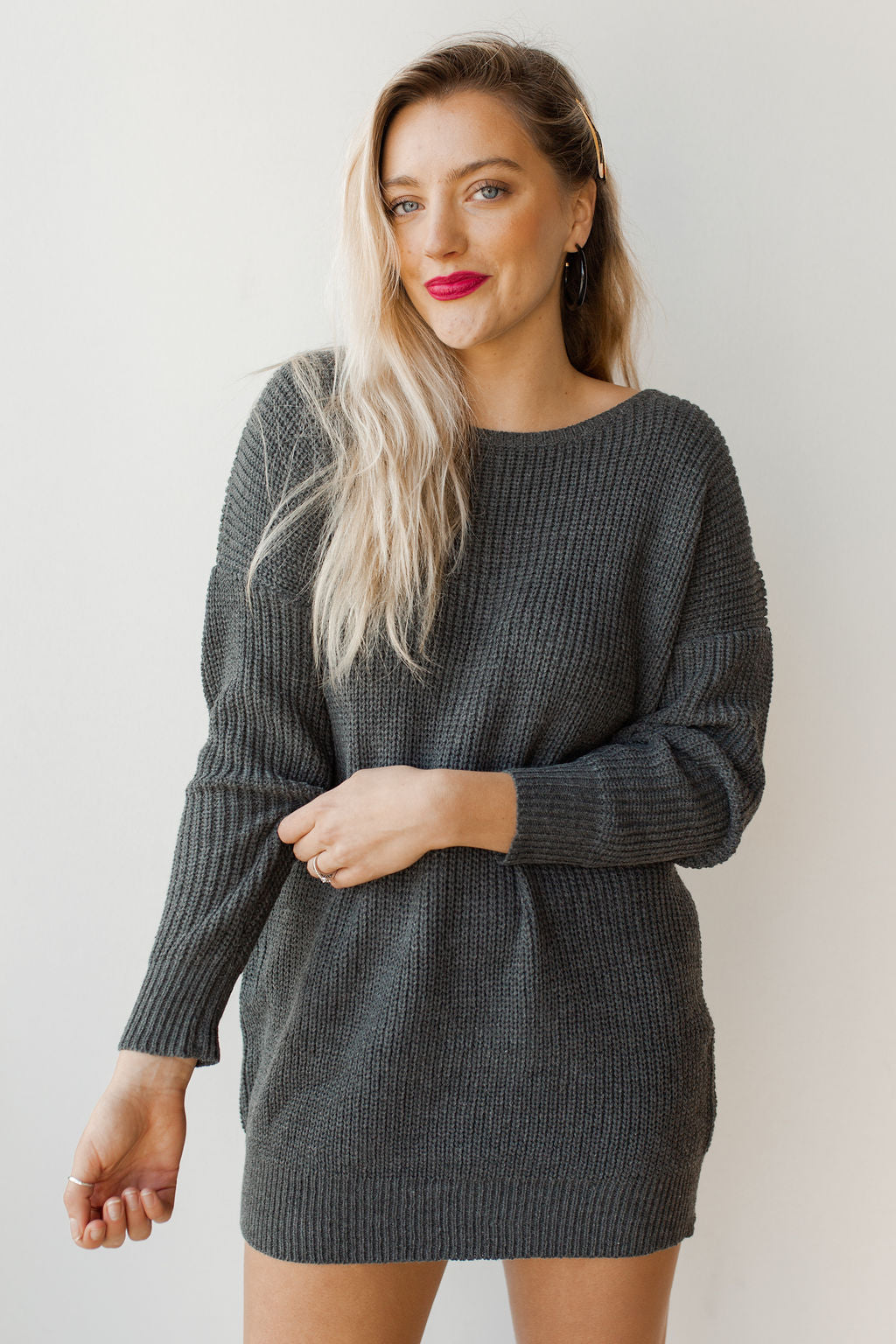 mode, twist back sweater dress