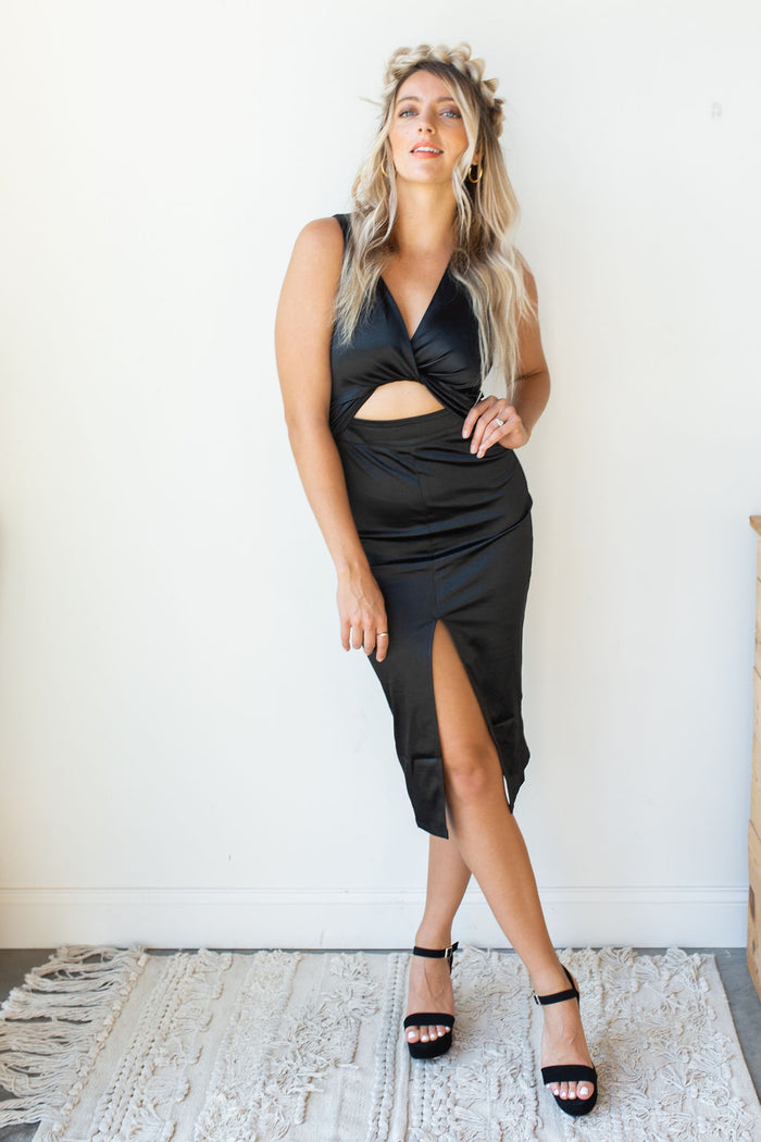 mode, show a little something cutout satin midi dress