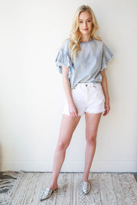 mode, washed denim frayed top