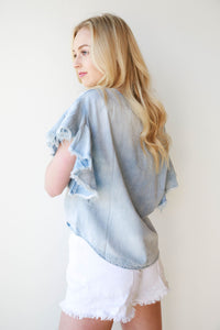 mode, washed denim frayed top