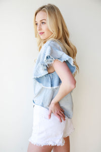 mode, washed denim frayed top