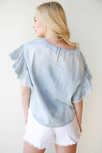 mode, washed denim frayed top
