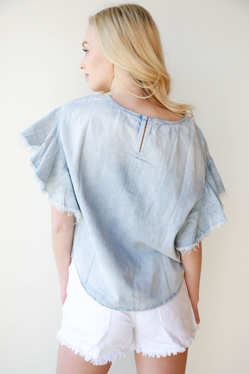 mode, washed denim frayed top