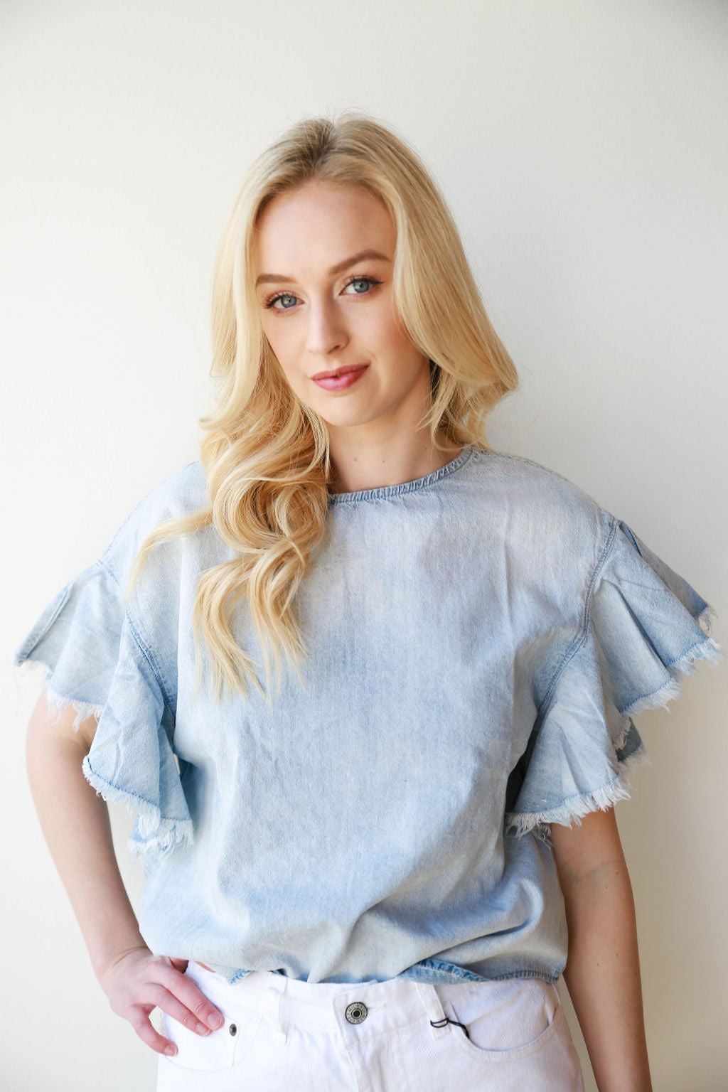 mode, washed denim frayed top