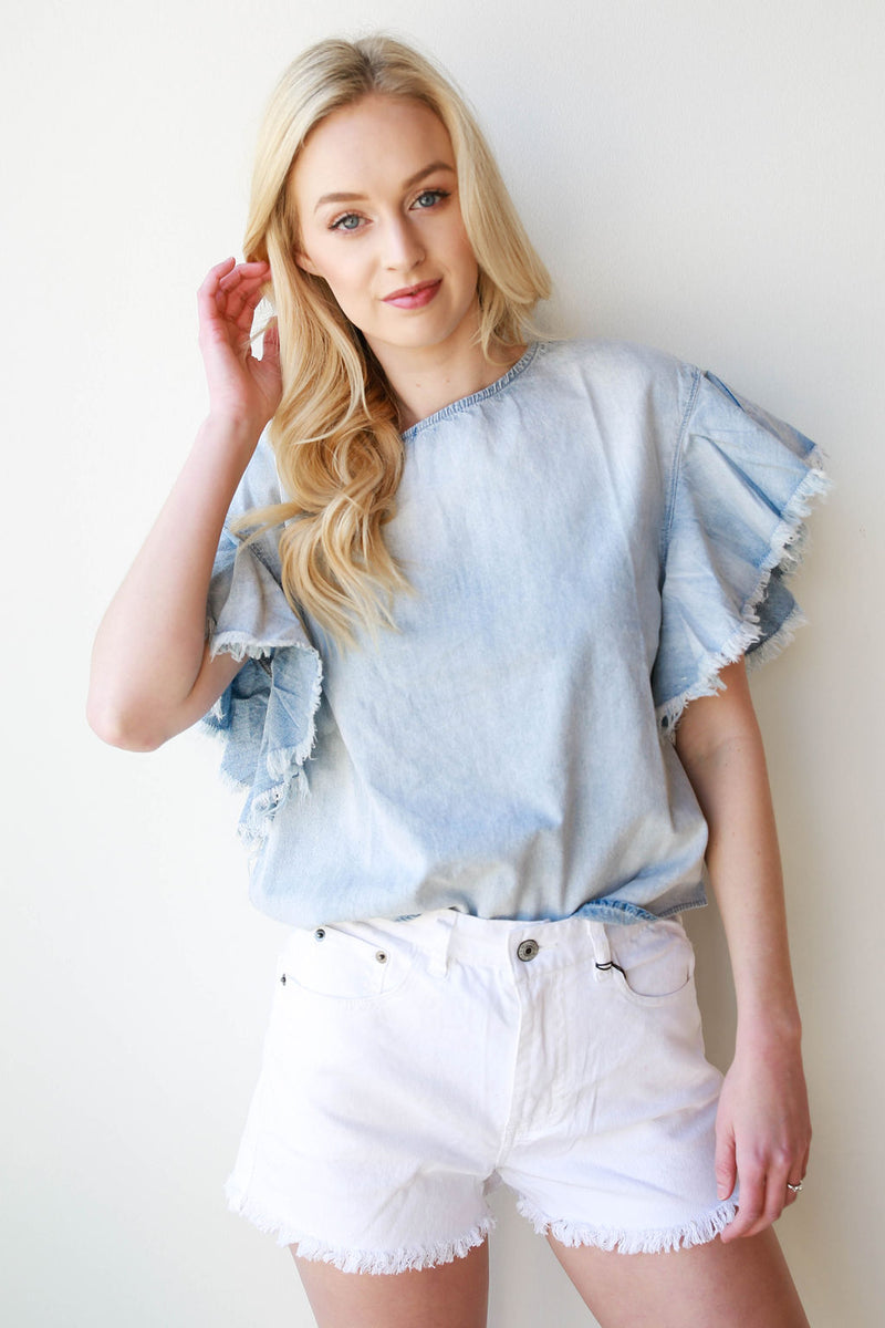 mode, washed denim frayed top