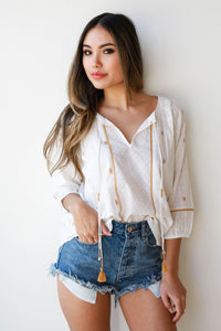 mode, embroidered jacquard blouse w/ tie front
