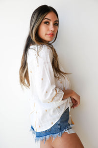 mode, embroidered jacquard blouse w/ tie front