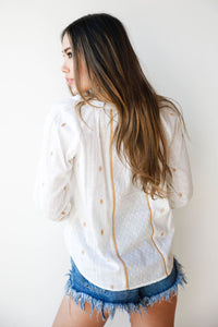 mode, embroidered jacquard blouse w/ tie front