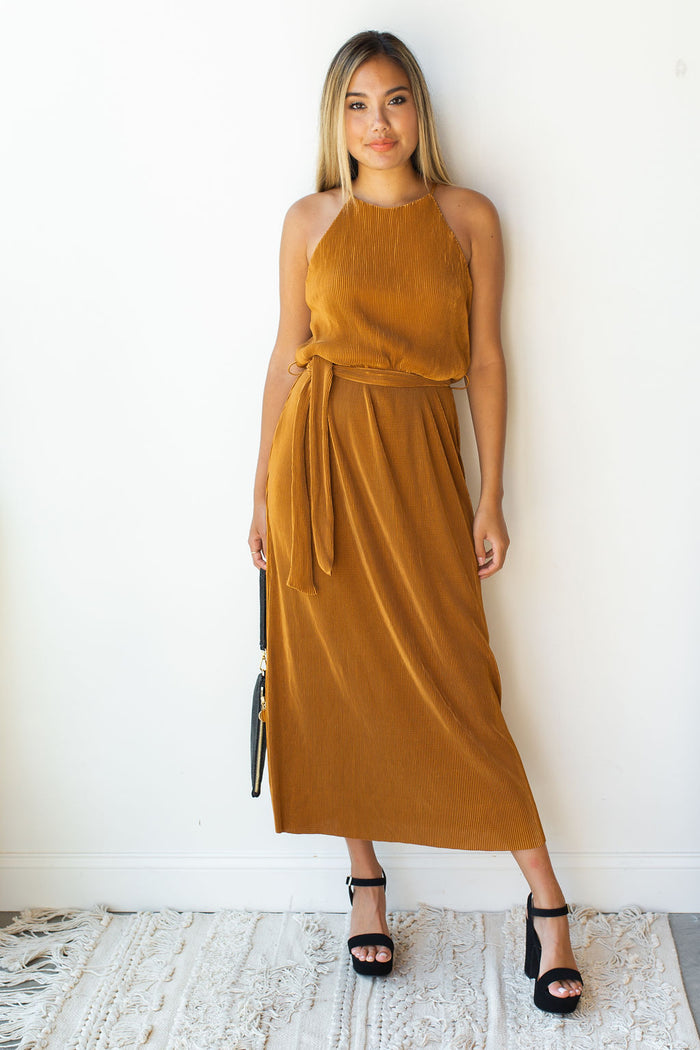 mode, golden hour glow high neck dress