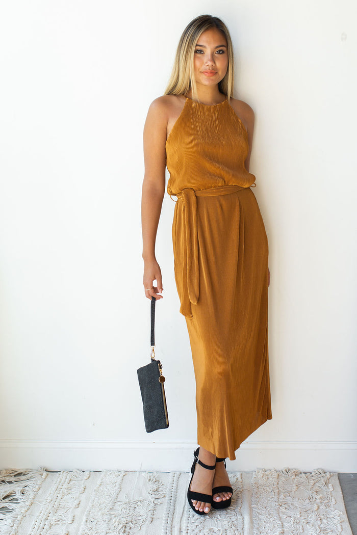 mode, golden hour glow high neck dress