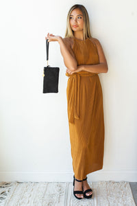 mode, golden hour glow high neck dress