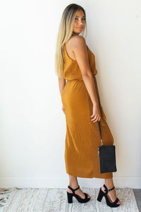 mode, golden hour glow high neck dress