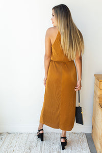 mode, golden hour glow high neck dress