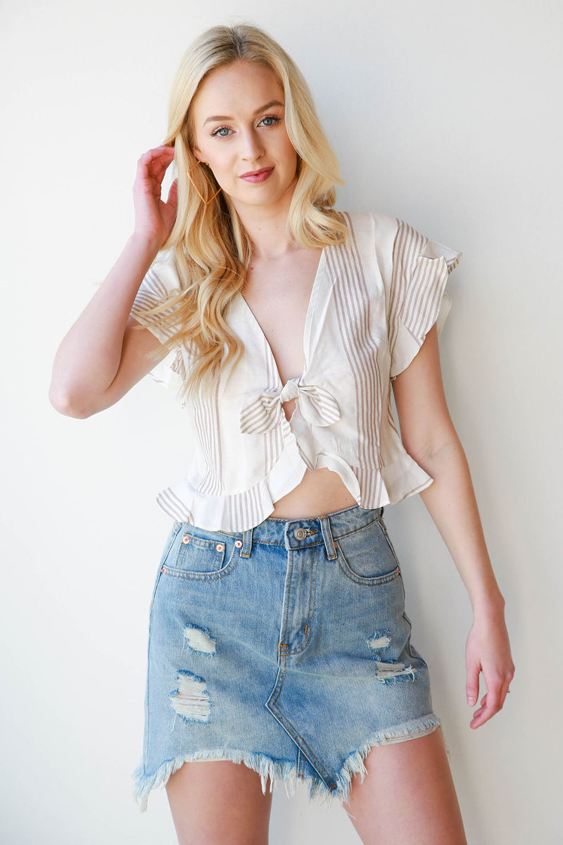 mode, unbalanced denim skirt