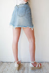 mode, unbalanced denim skirt