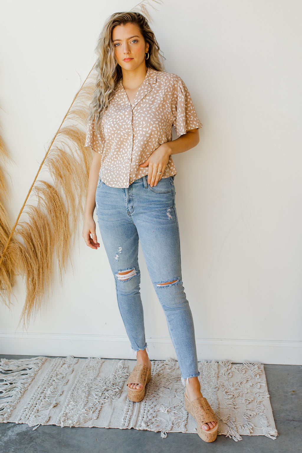mode, polka dot wide sleeve button down