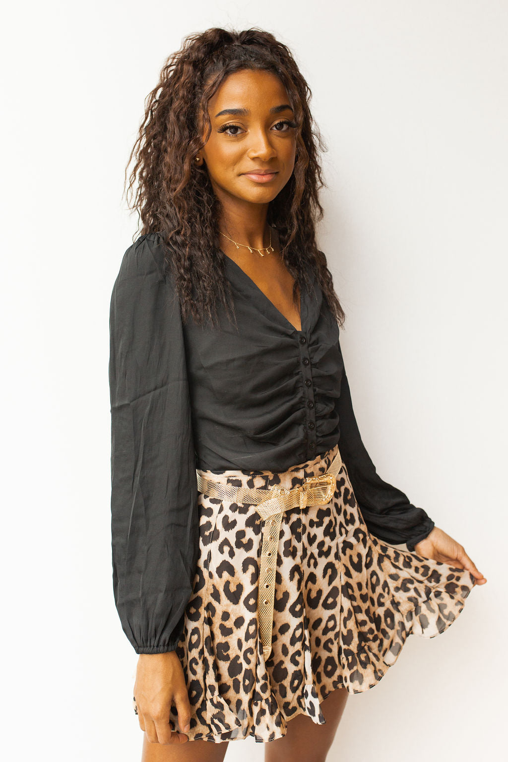 mode, satin smocked waist blouse