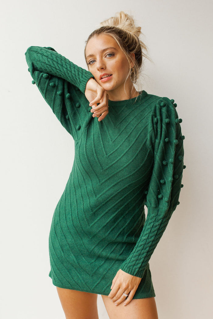 mode, pom balloon sleeve sweater dress
