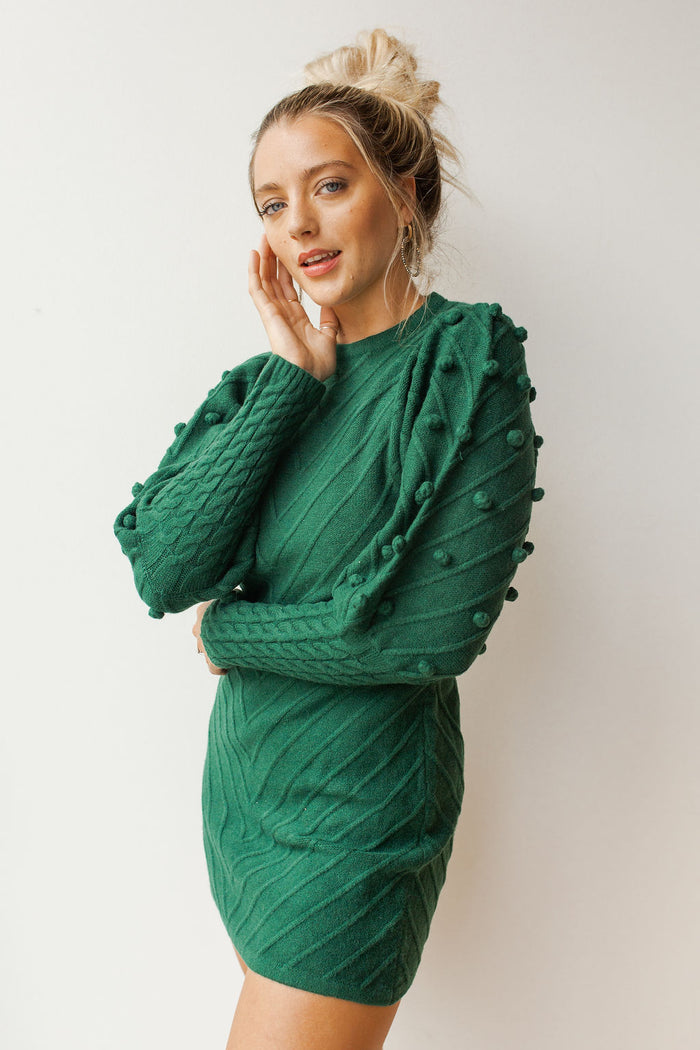 mode, pom balloon sleeve sweater dress
