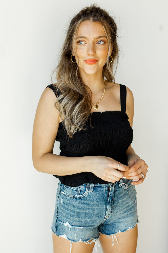 mode, shirred ruffle crop tank